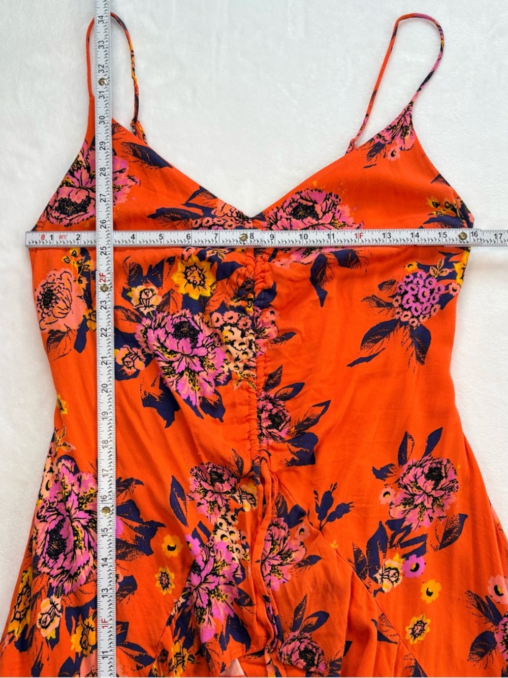 FREE PEOPLE Happy Heart Floral Mini Dress Orange Tie Front Smocked Back M Slip - Picture 8 of 8